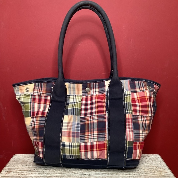 J. Crew Multicolor Classic Cotton Madras Preppy Patchwork Purse Tote Bag Navy - Picture 9 of 13